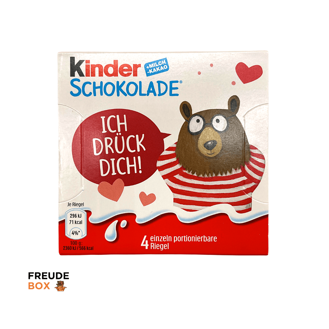 kinder Schokolade (4x12,5g) 🍫 - FREUDEBOX® - Geschenk, Seifenblasen, socken kuscheltiere und plüschtiere mit persönlicher nachricht einfach online kaufen freude verschenken - geschenkidee kuscheltiere plüschtiere - geschenke für freundin freund - kuscheltiere verschenken - geschenk für kinder - kinder geburtstag - freude box - freudebox - freude tiktok instagram